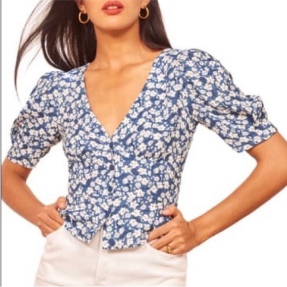 Reformation Madeline Floral Puff Sleeve Blouse Raquel Blue White Size 4 - Picture 4 of 9